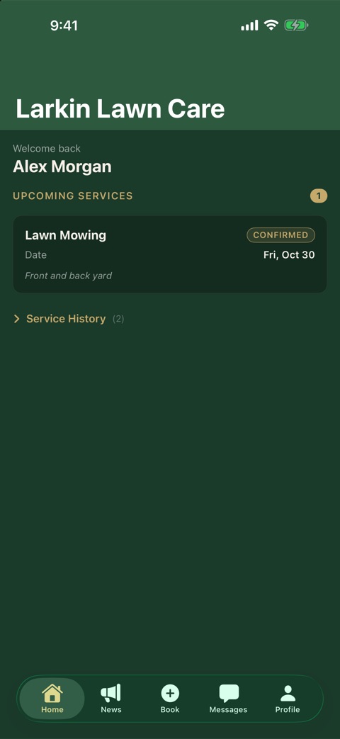 App home screen showing an upcoming lawn mowing visit